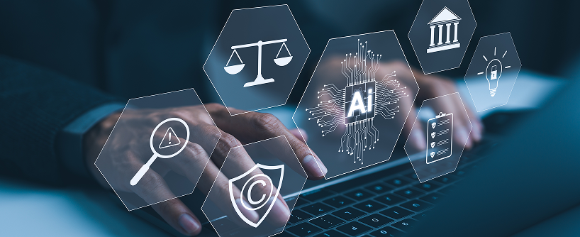Artificial intelligence regulations concept with legal icons over laptop interface