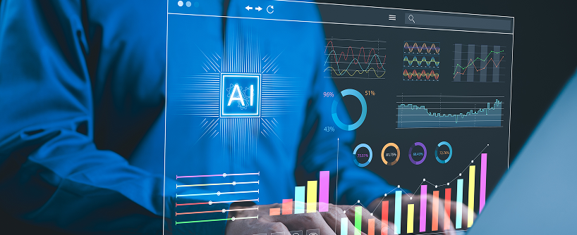 Business analyst reviewing enterprise KPI data using artificial intelligence tools