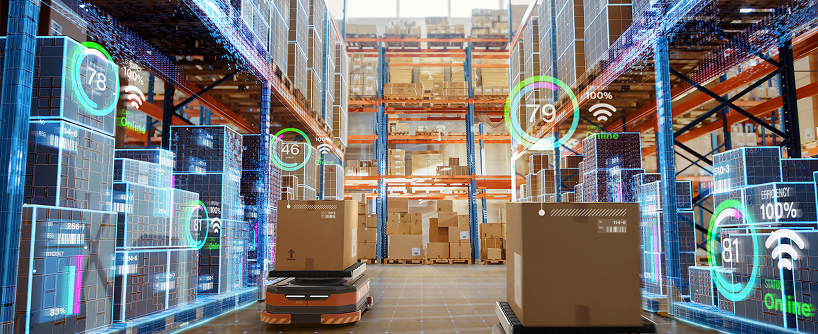 Automated warehouse with AGV robots and AI logistics management system